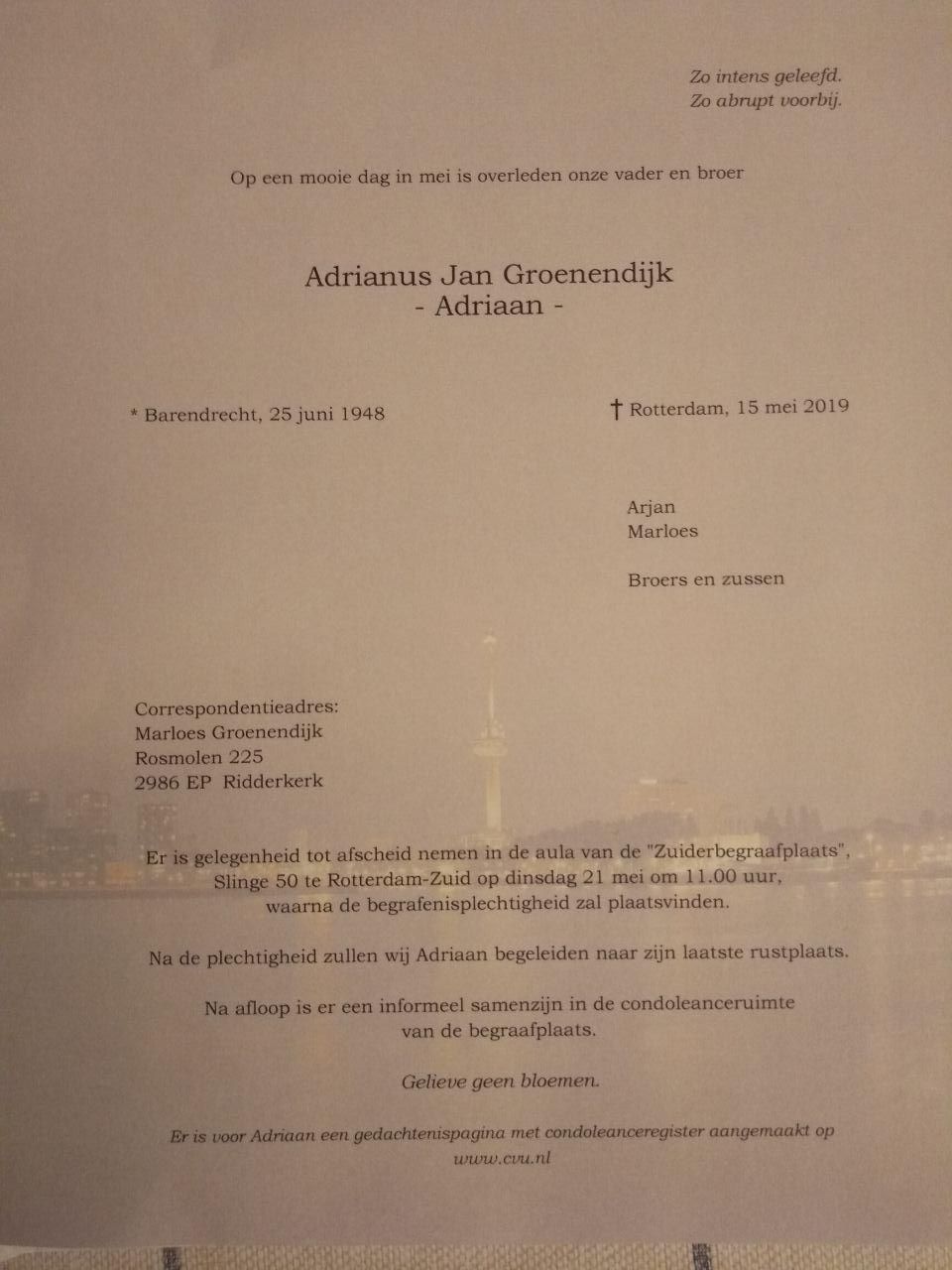Rouwkaart Adriaan